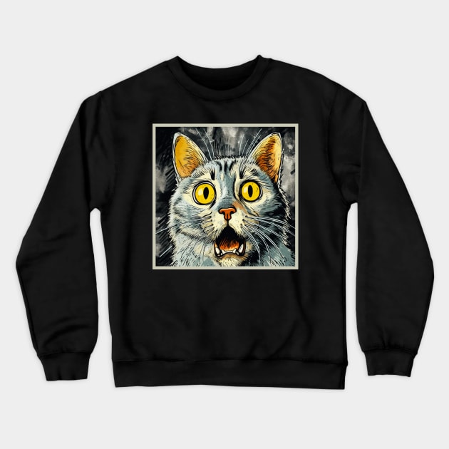 Shocked Cat Cartoon Vintage Cartoon Cat Crazy Crewneck Sweatshirt by OscarVanHendrix